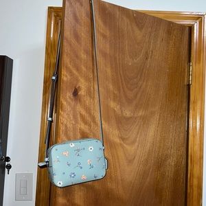 Mini Camera Bag with Mystical Floral Print- silver/ light teal multi